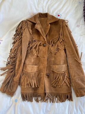 Fringed Suede Leather Jacket in Chestnut Brown